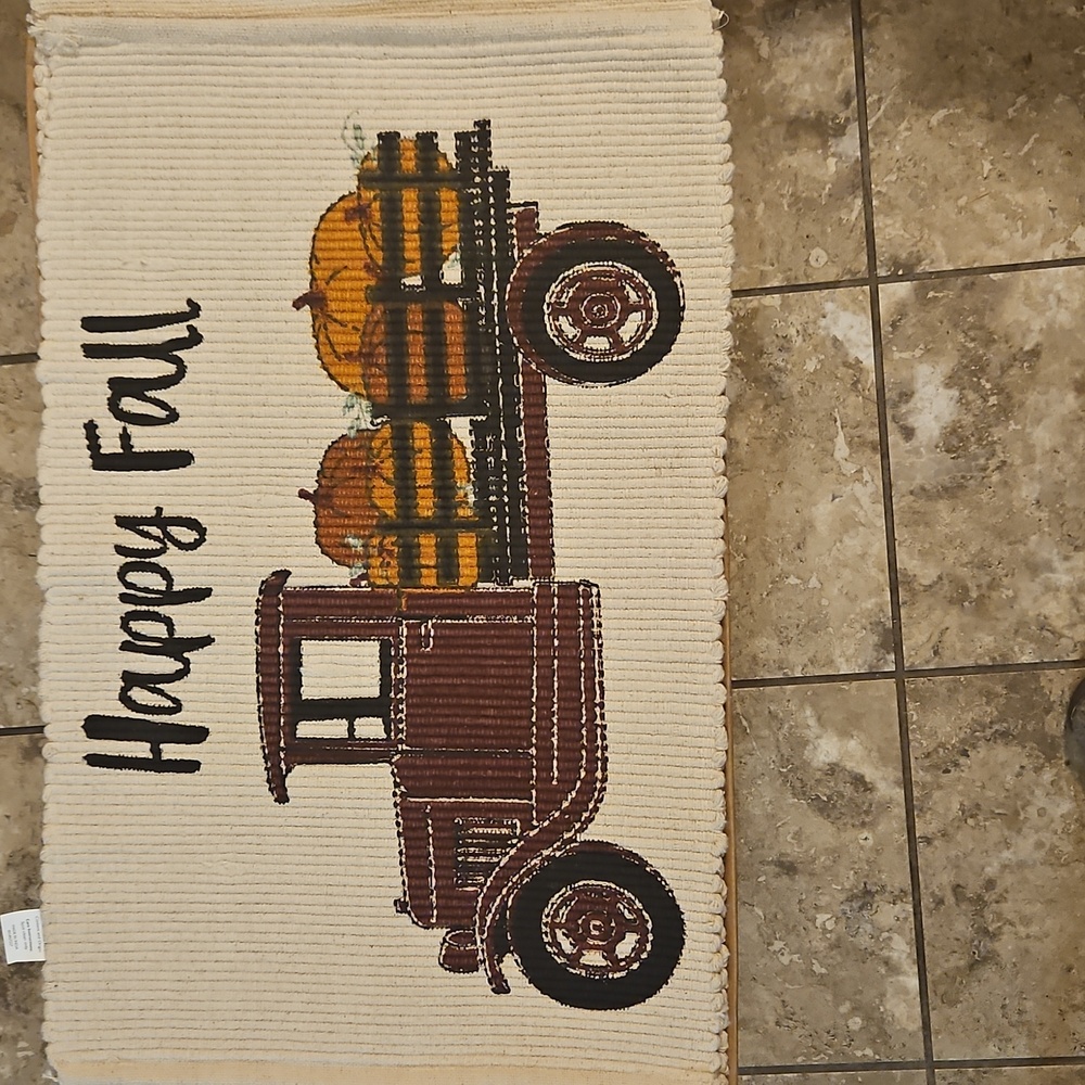 17x27 Throw Rug -Accent Rug -Scatter Rug -Woven -HAPPY FALL -Red Truck -Pumpkins